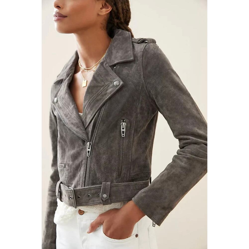 BLANKNYC Gray Suede Moto Jacket Belted Cropped Zip Front Classic Leather M EUC